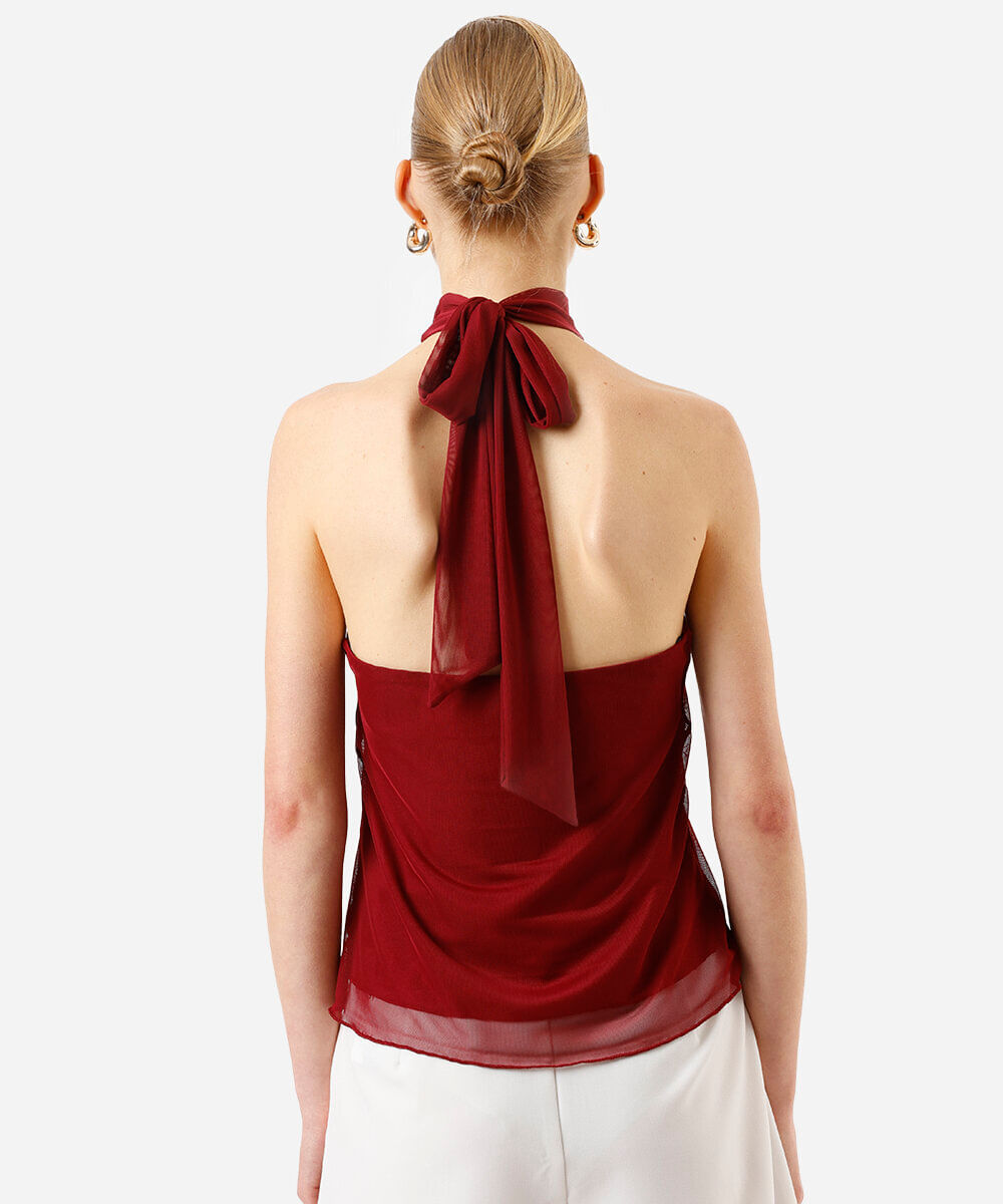 blusa halterneck feminina de tule com scarf vinho
