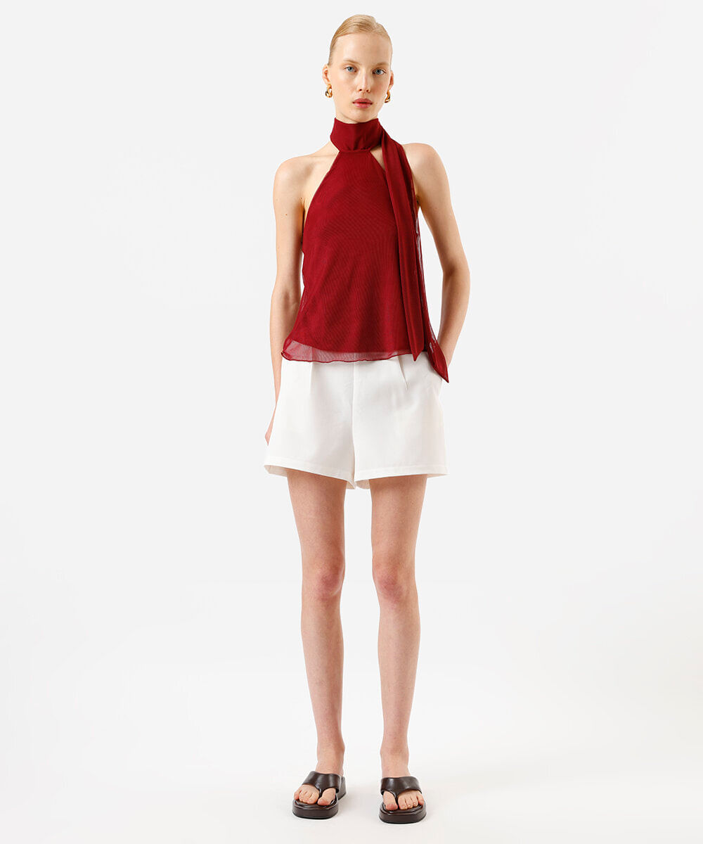 blusa halterneck feminina de tule com scarf vinho
