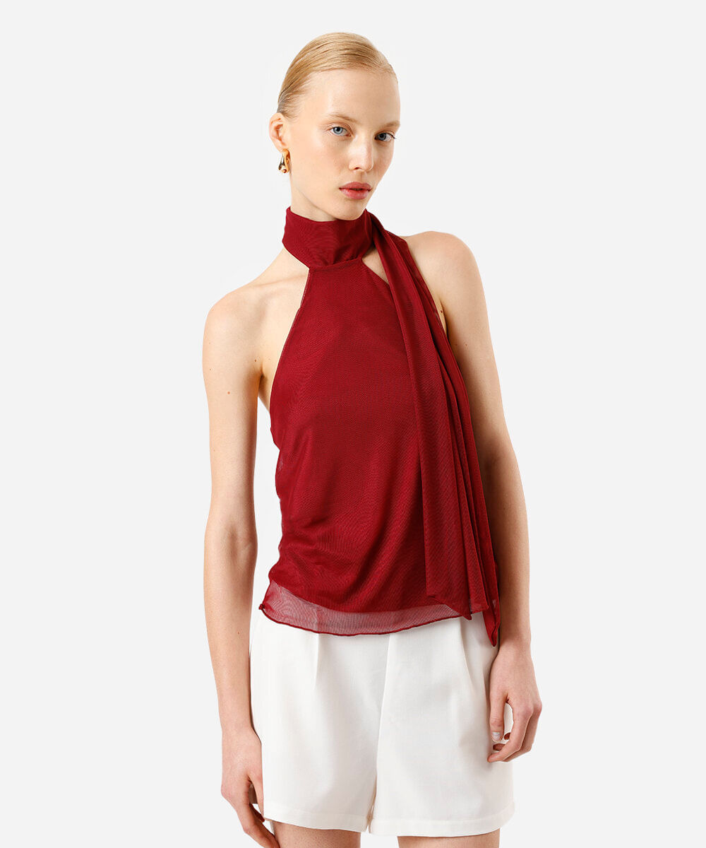 blusa halterneck feminina de tule com scarf vinho