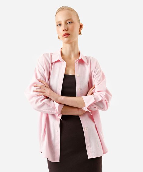 camisa feminina com linho manga longa rosa