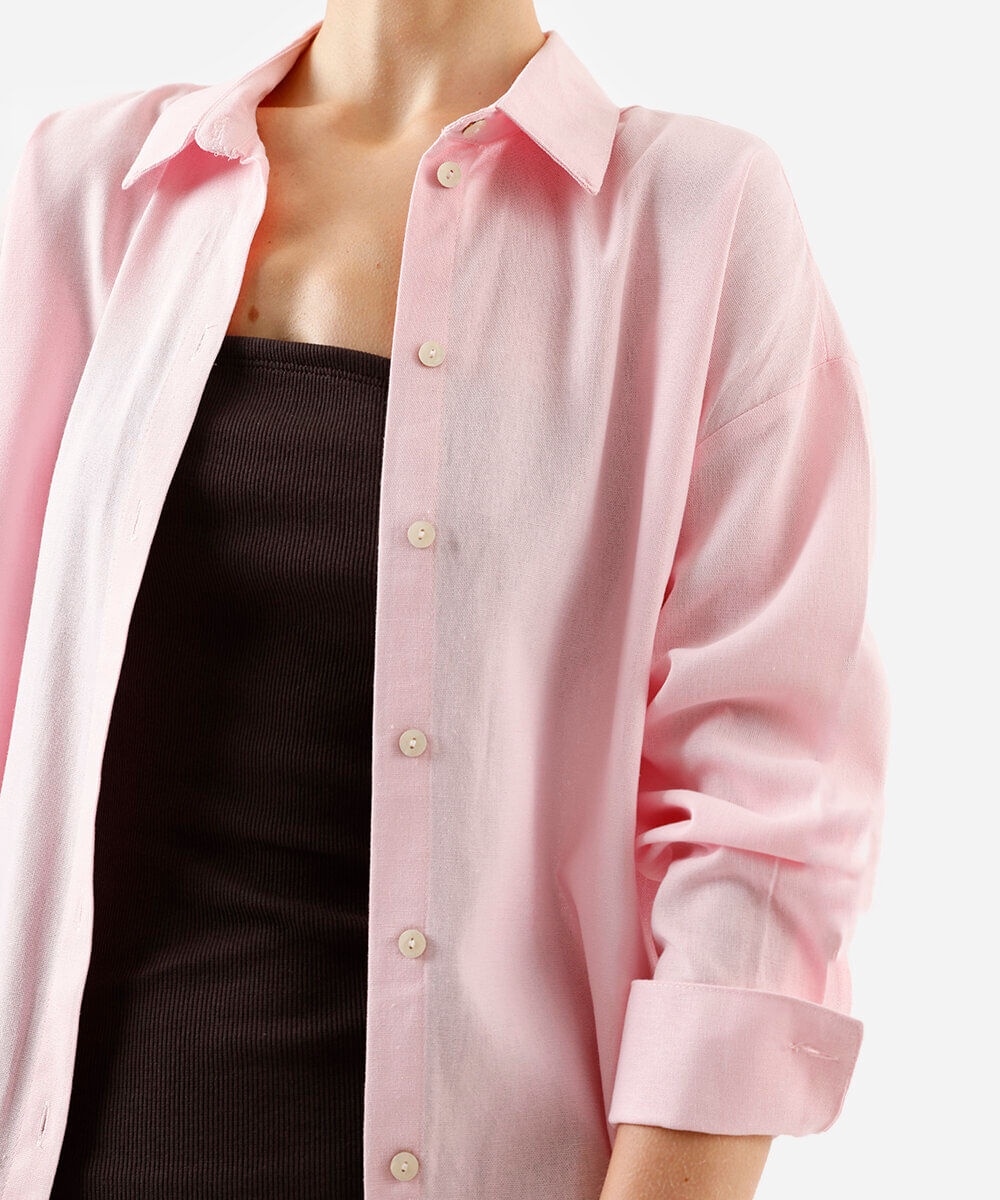 camisa feminina com linho manga longa rosa