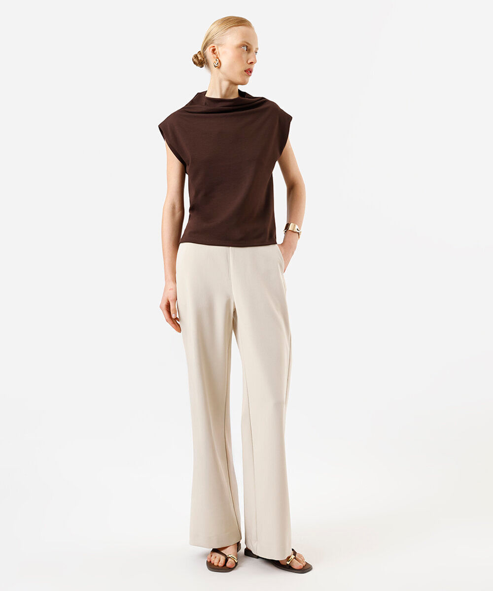 calça wide leg feminina de alfaitaria com botões bege