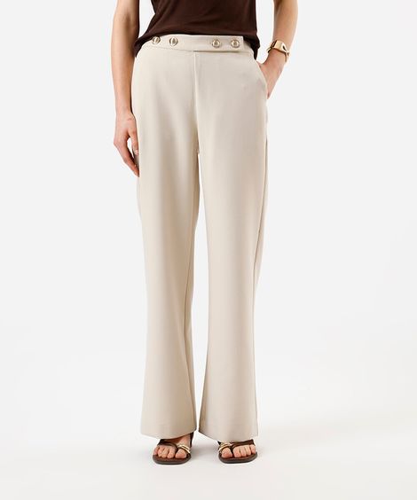 calça wide leg feminina de alfaitaria com botões bege