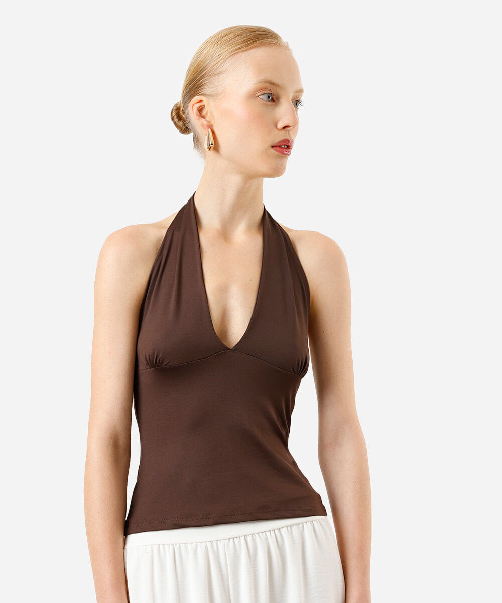 blusa frente única feminina decote v marrom
