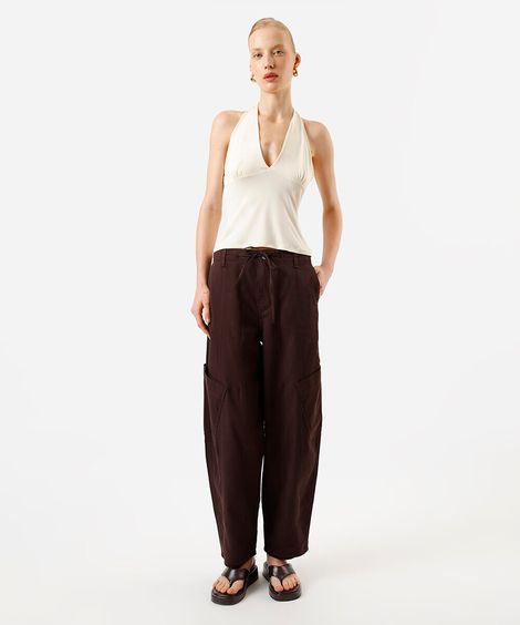 calça baggy feminina de sarja com cintura ajustável marrom