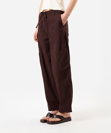calça baggy feminina de sarja com cintura ajustável marrom