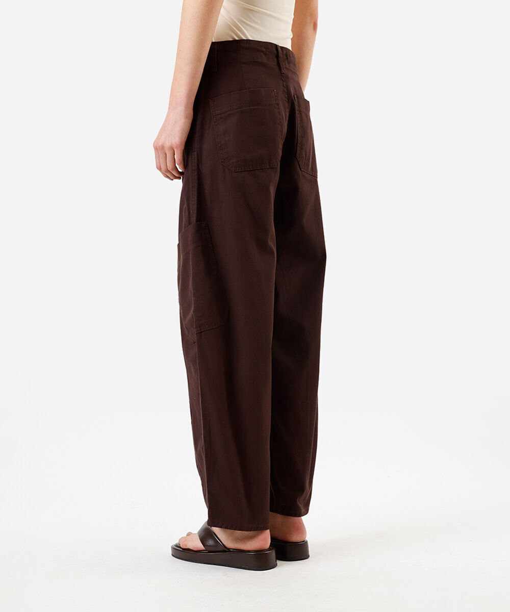 calça baggy feminina de sarja com cintura ajustável marrom