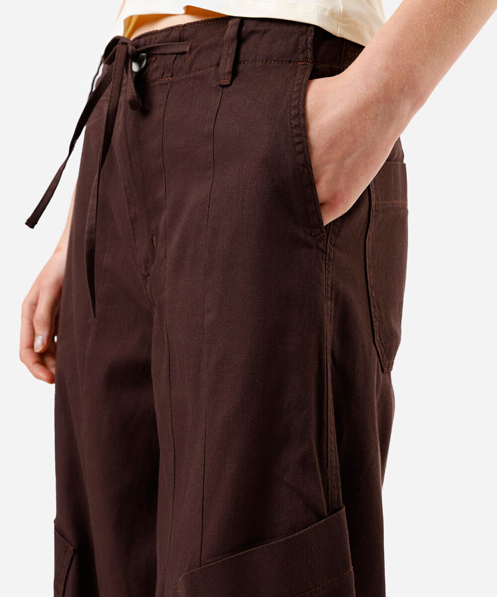 calça baggy feminina de sarja com cintura ajustável marrom
