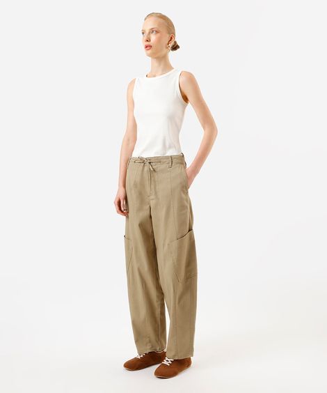calça baggy feminina de sarja com cintura ajustável bege