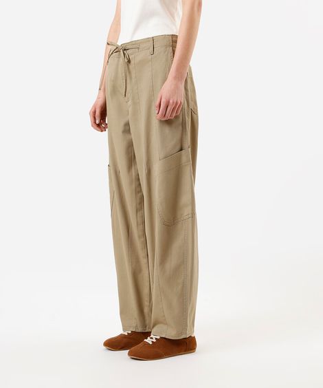 calça baggy feminina de sarja com cintura ajustável bege
