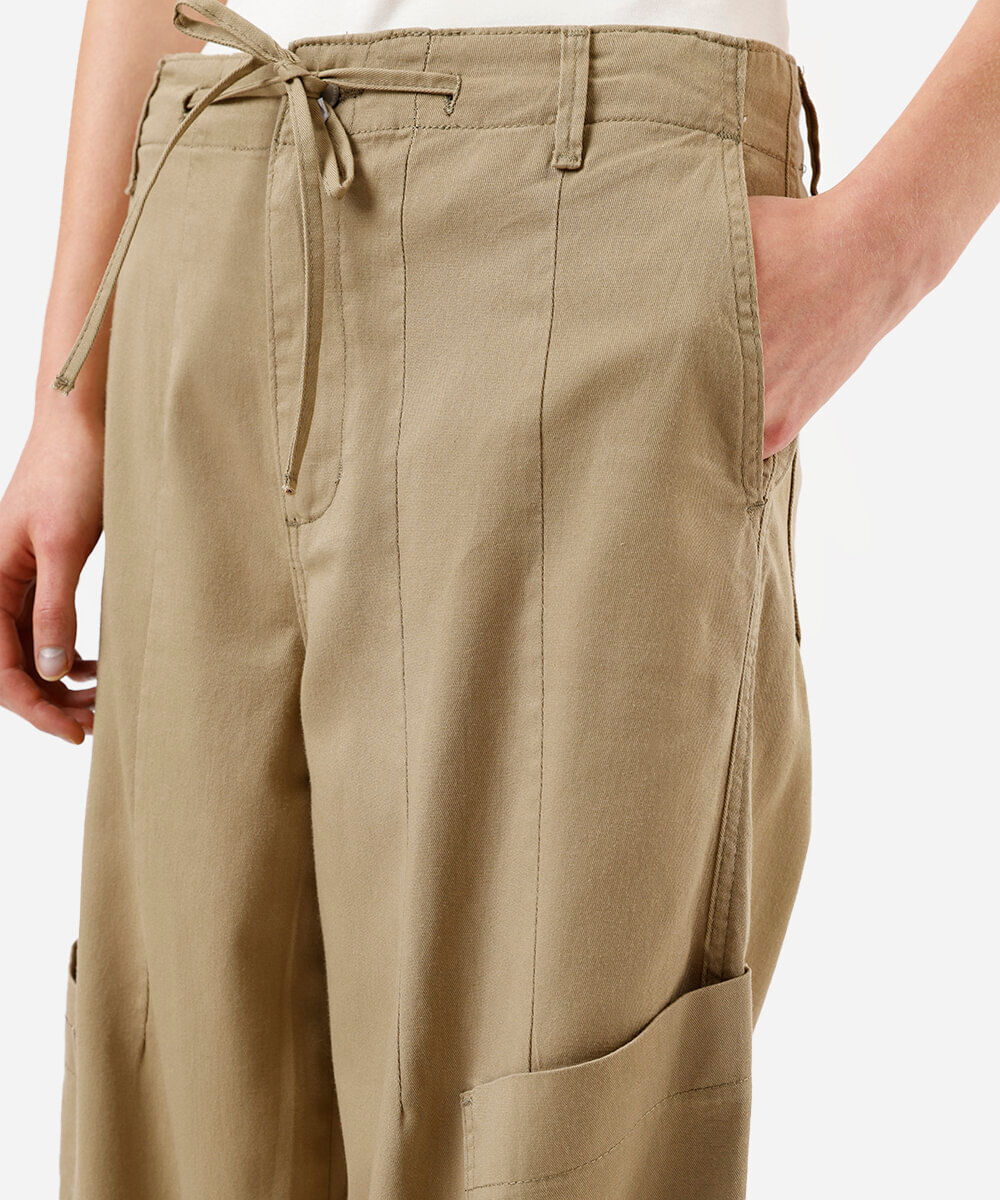 calça baggy feminina de sarja com cintura ajustável bege