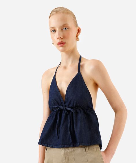 blusa frente única feminina jeans com laço azul