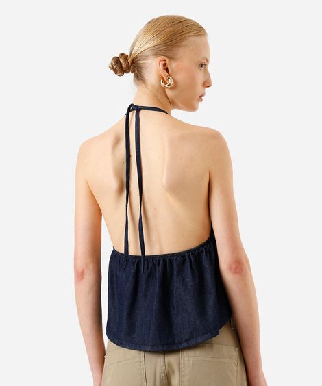 blusa frente única feminina jeans com laço azul