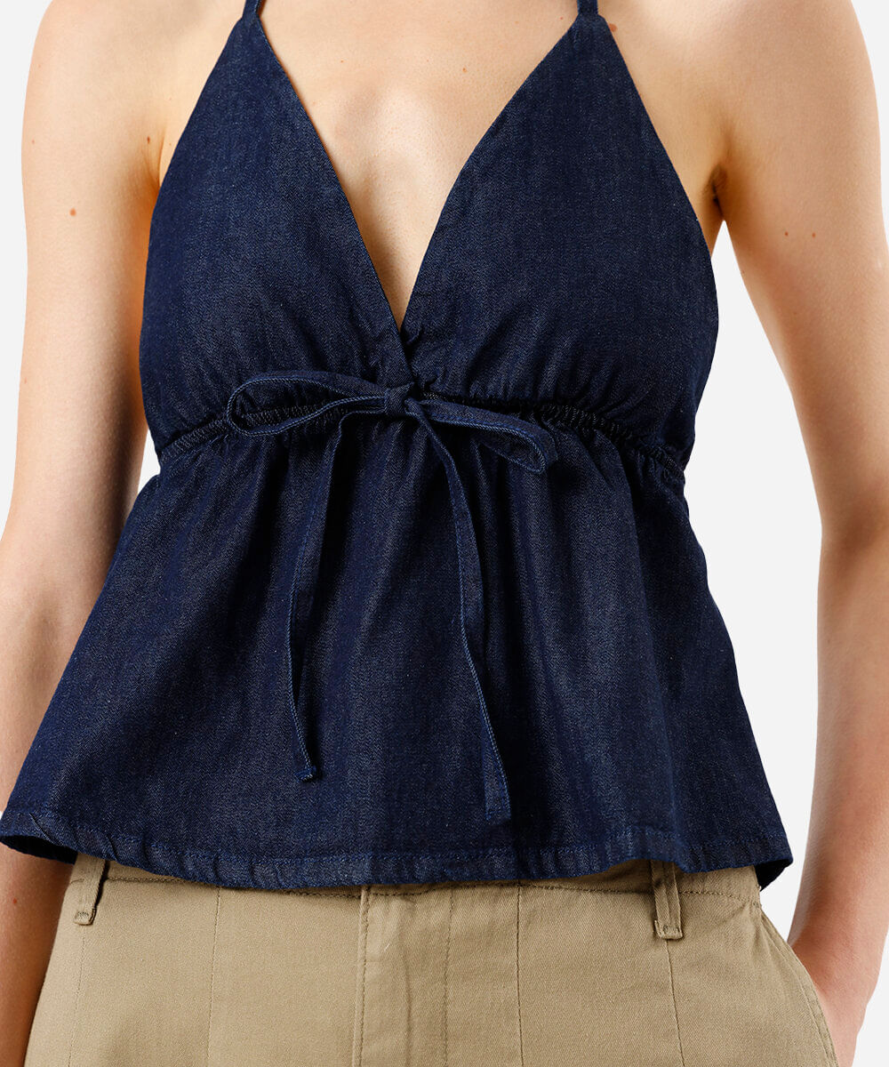 blusa frente única feminina jeans com laço azul