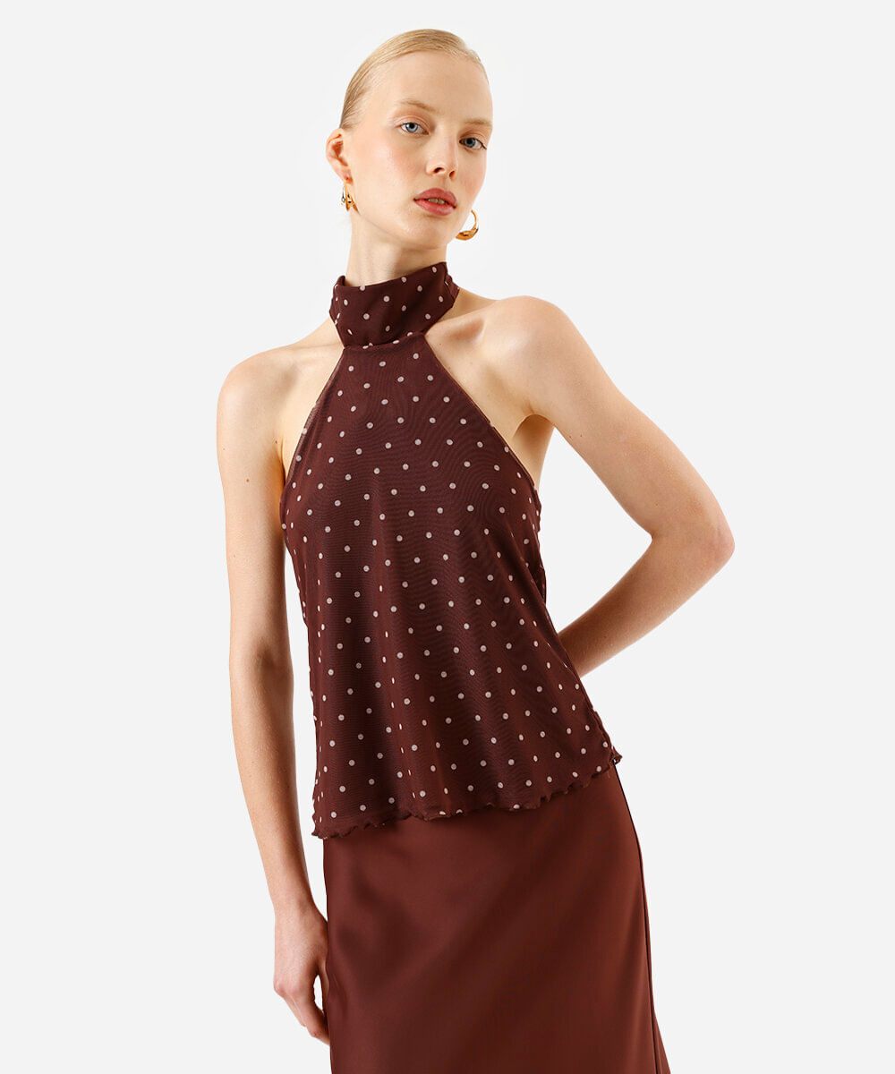blusa halterneck feminina de tule com scarf poá marrom