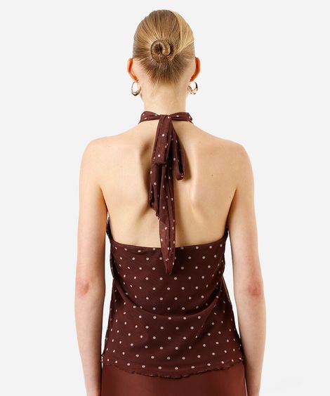 blusa halterneck feminina de tule com scarf poá marrom