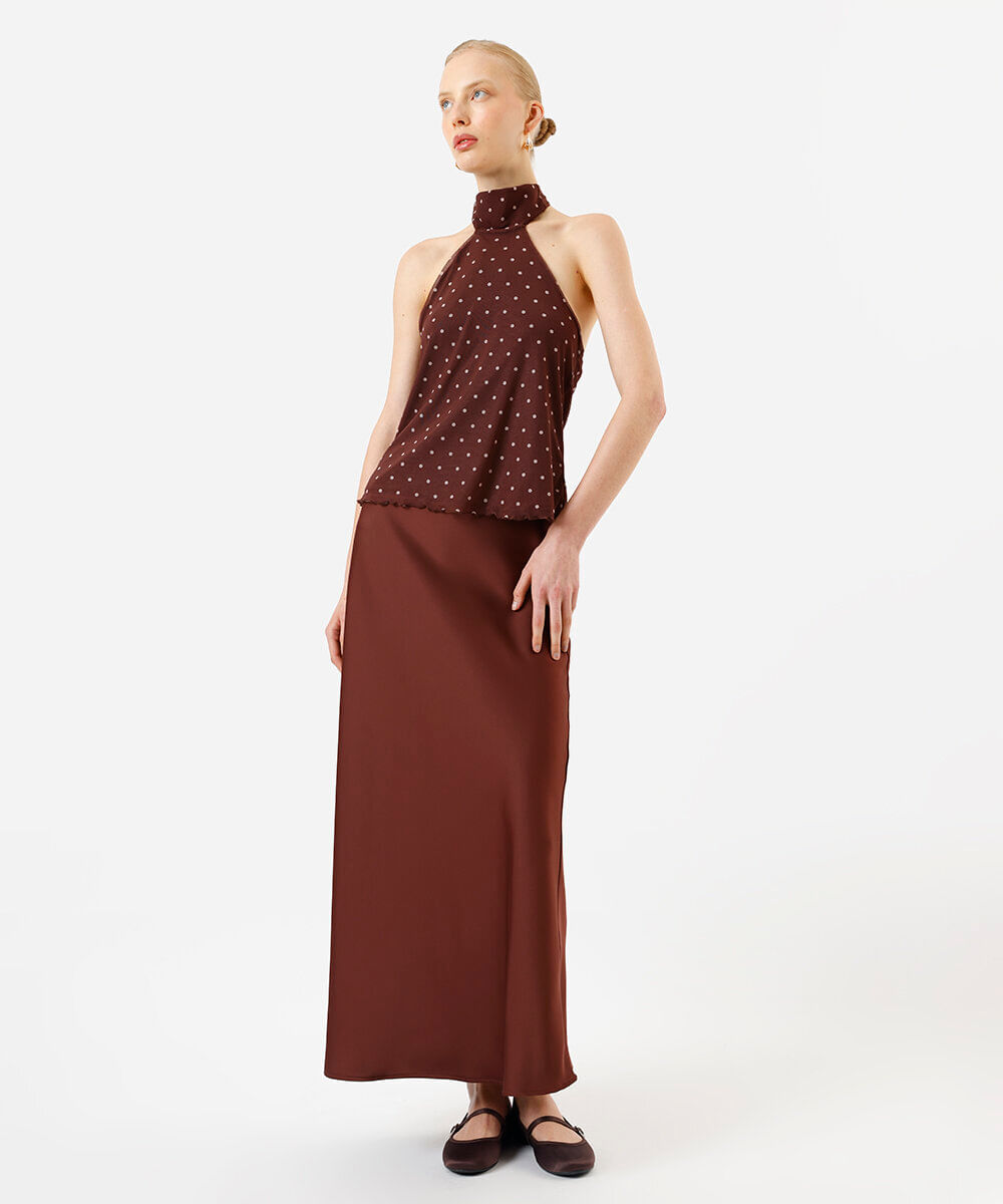blusa halterneck feminina de tule com scarf poá marrom