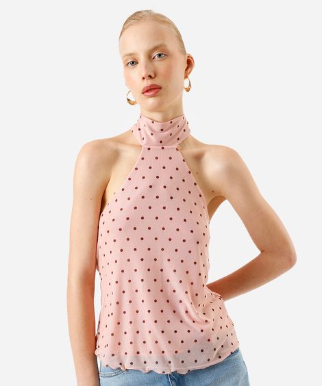 blusa halterneck feminina de tule com scarf poá rosa