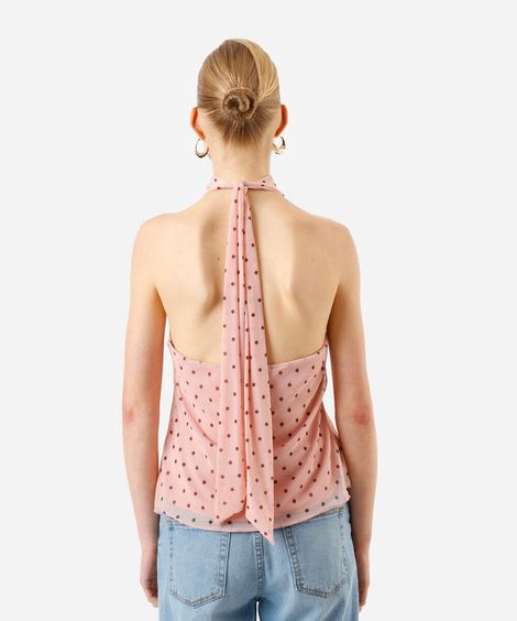 blusa halterneck feminina de tule com scarf poá rosa