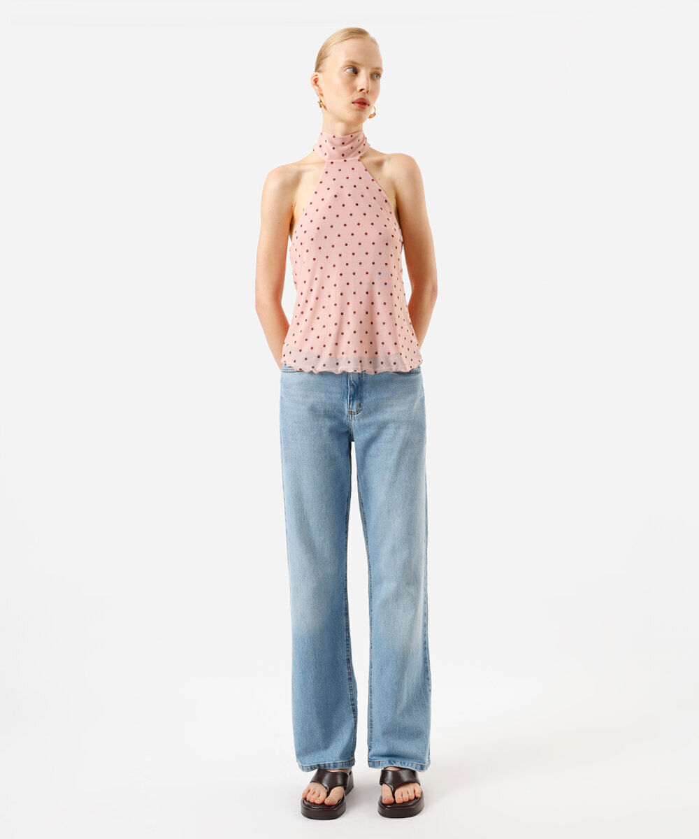 blusa halterneck feminina de tule com scarf poá rosa