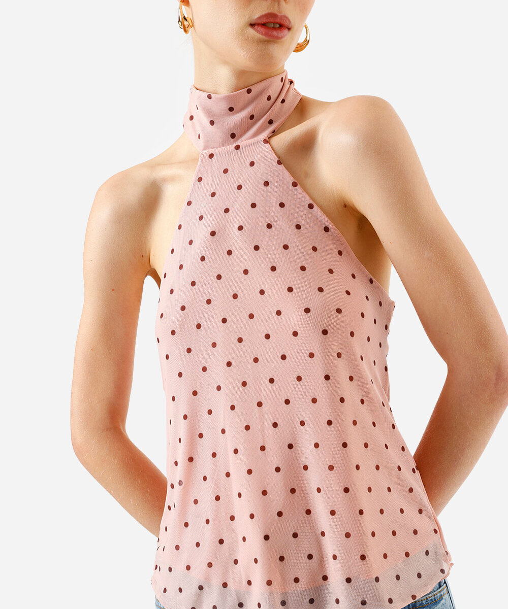 blusa halterneck feminina de tule com scarf poá rosa