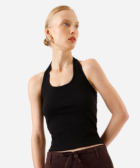 blusa frente única feminina decote u canelada preta