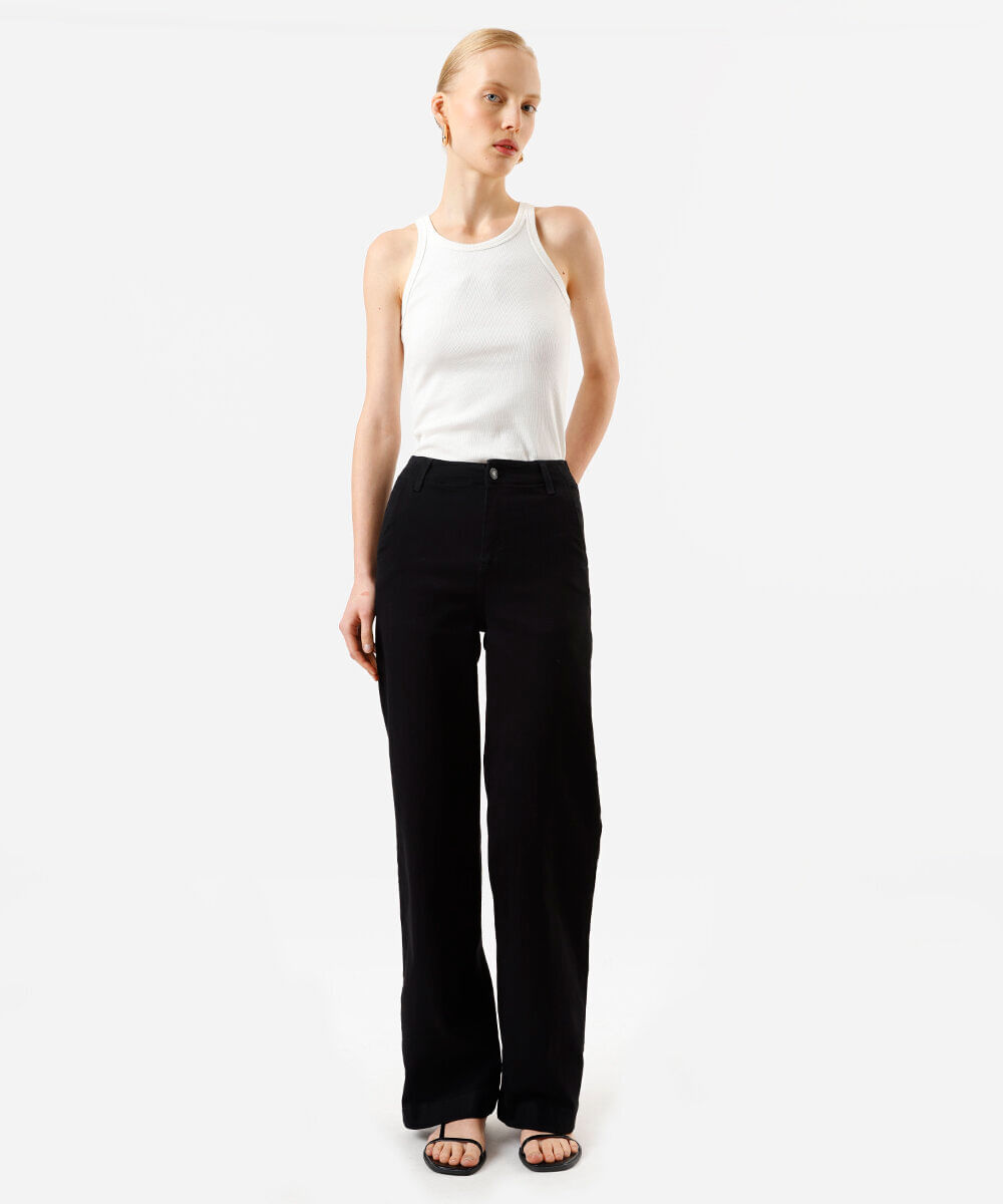 calça feminina jeans wide leg sawary preta
