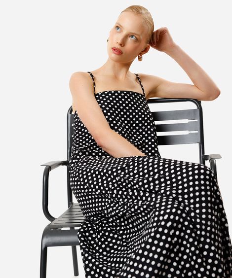 vestido midi feminino decote reto poá preto