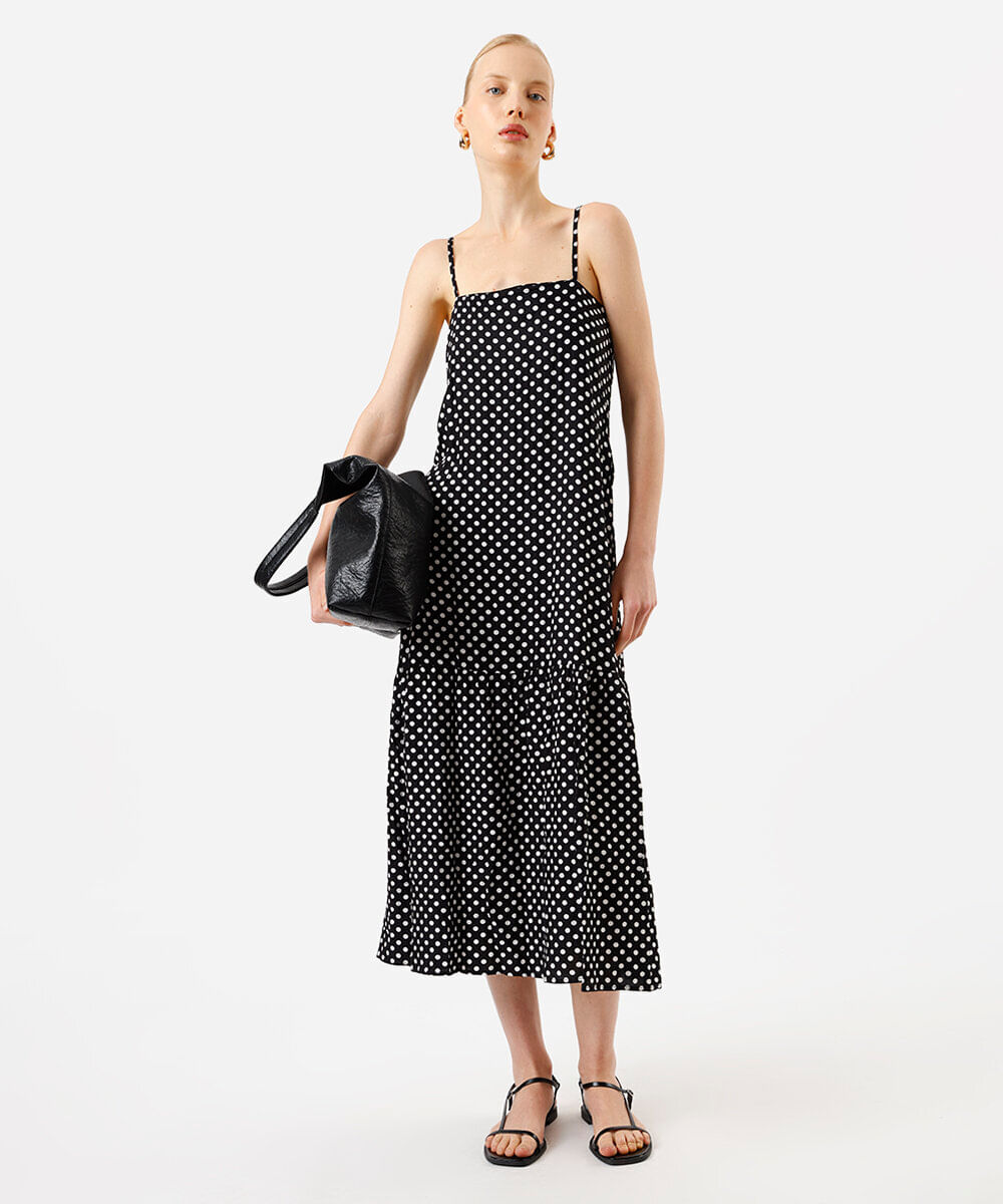 vestido midi feminino decote reto poá preto