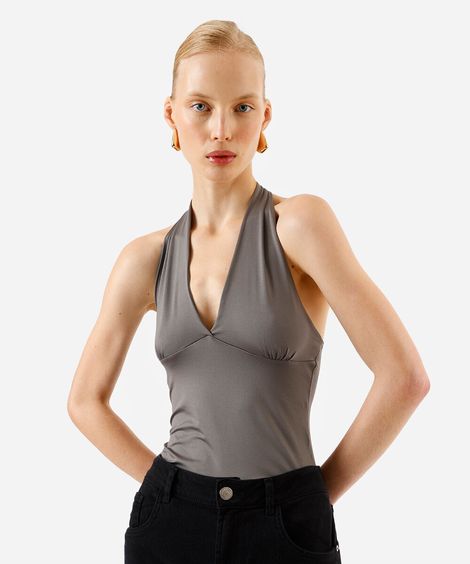 blusa frente única feminina decote v cinza