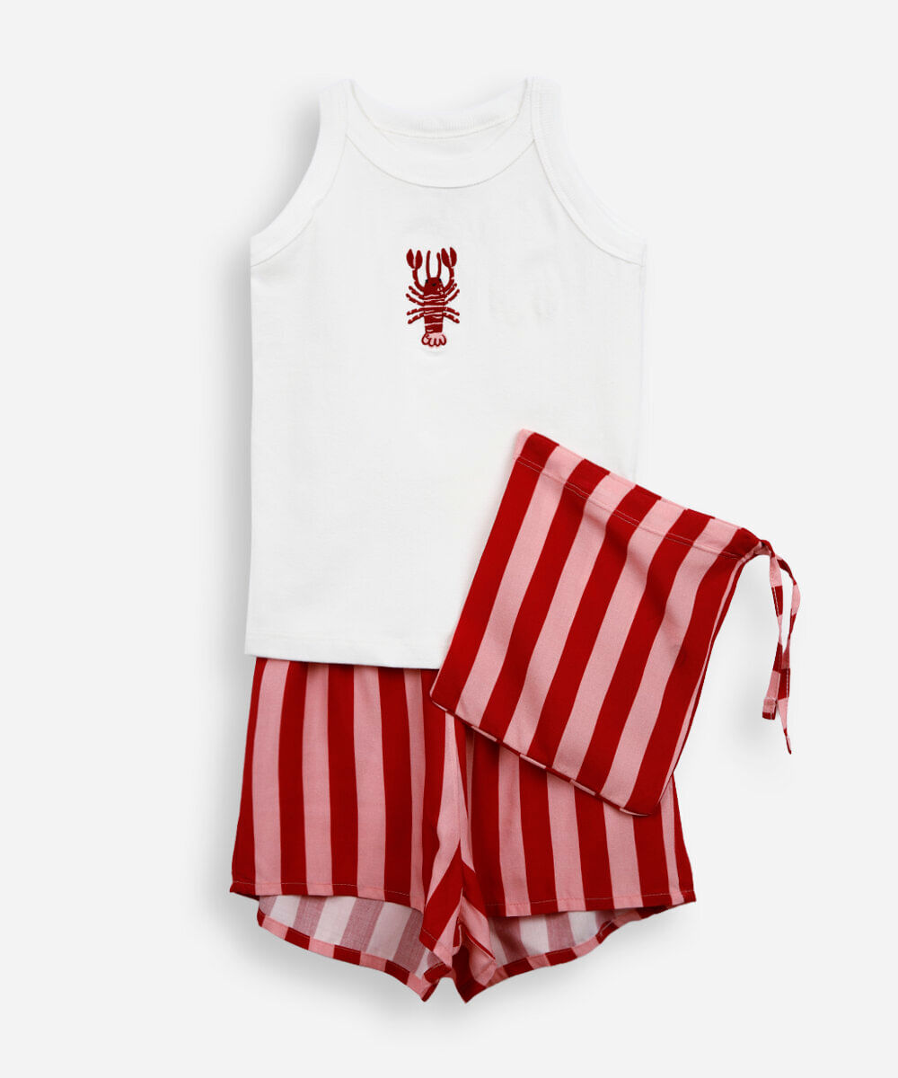 pijama infantil mini me lagosta com bolsa vermelho