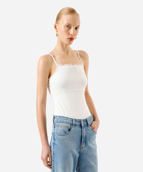 body feminino de poliamida decote reto com renda off white