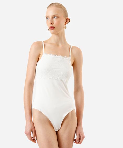 body feminino de poliamida decote reto com renda off white