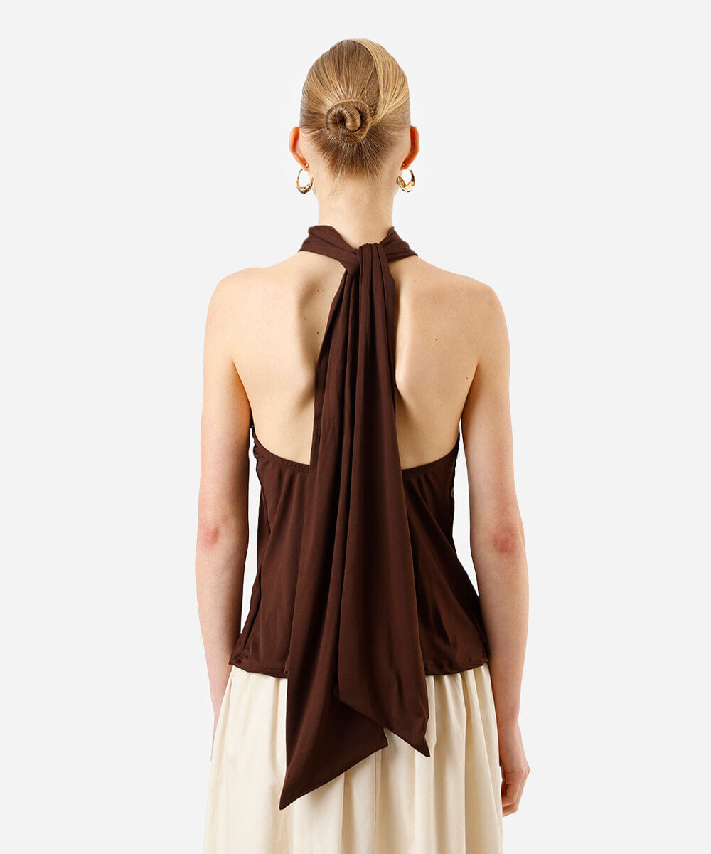 blusa halterneck feminina com scarf marrom