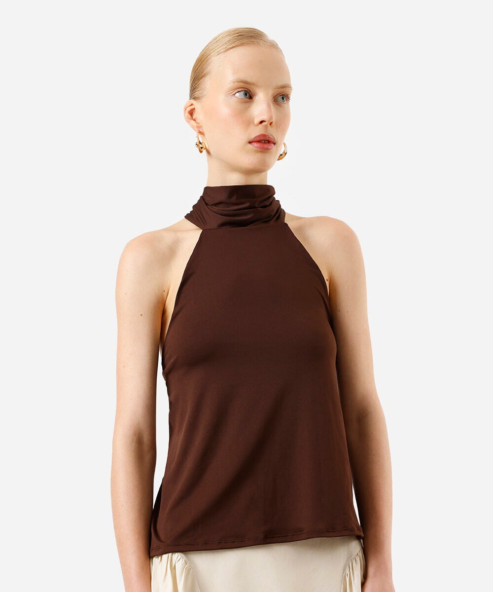 blusa halterneck feminina com scarf marrom