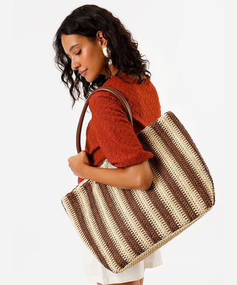 bolsa shopper feminina de palha listrada colorida