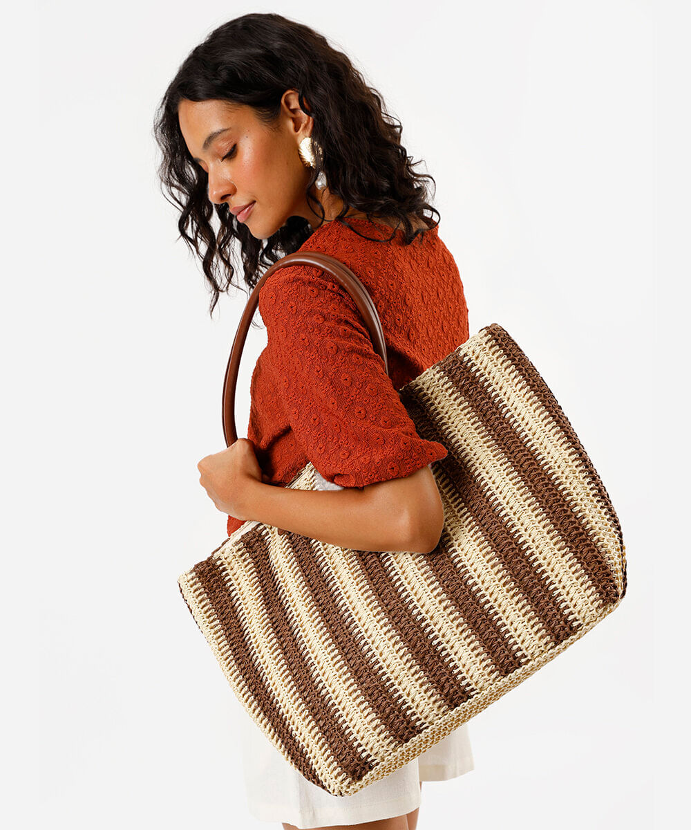 bolsa shopper feminina de palha listrada colorida