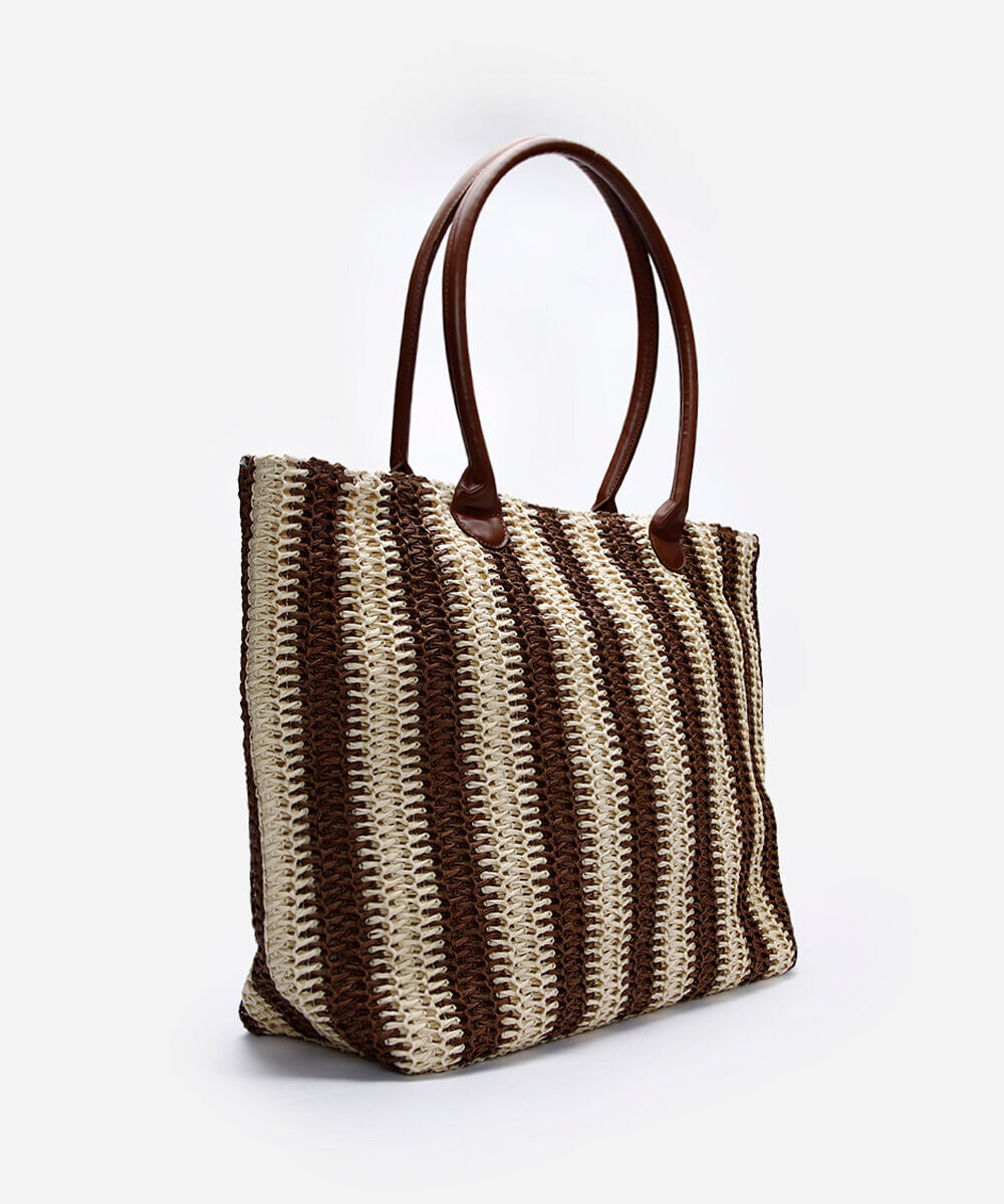 bolsa shopper feminina de palha listrada colorida