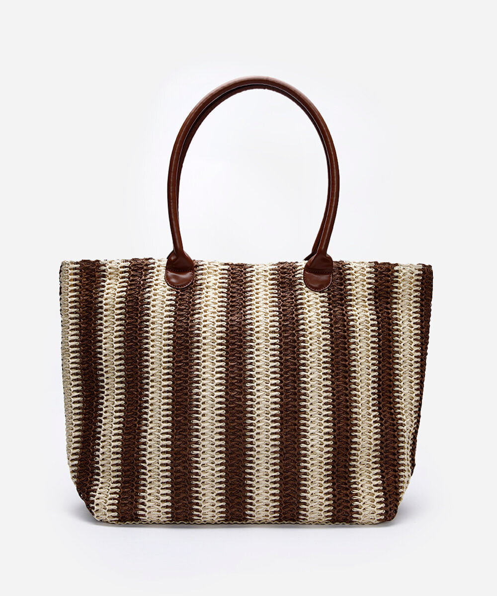 bolsa shopper feminina de palha listrada colorida