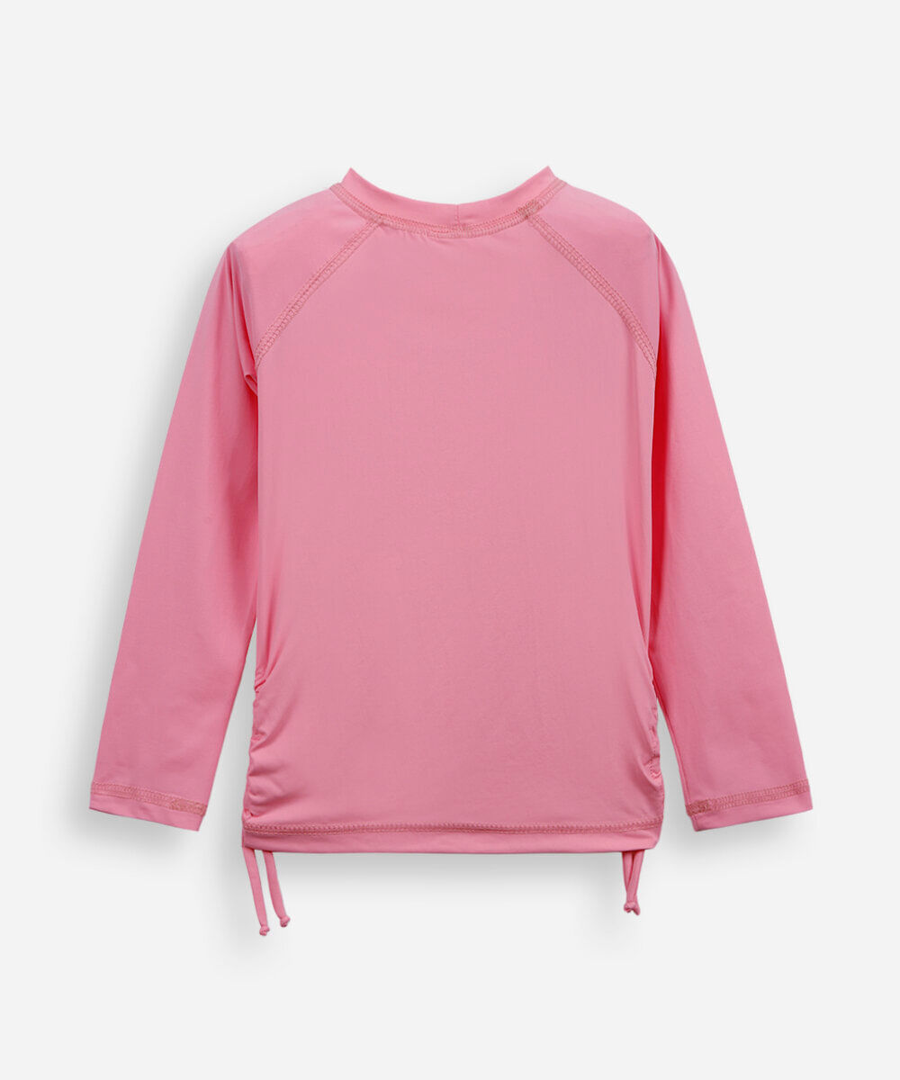 camiseta infantil praia uv a com franzido lateral rosa