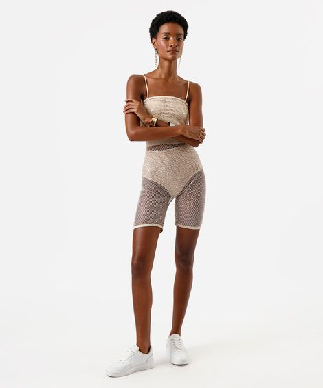 bermuda biker feminina de tela com brilhos bege