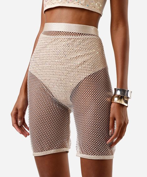 bermuda biker feminina de tela com brilhos bege