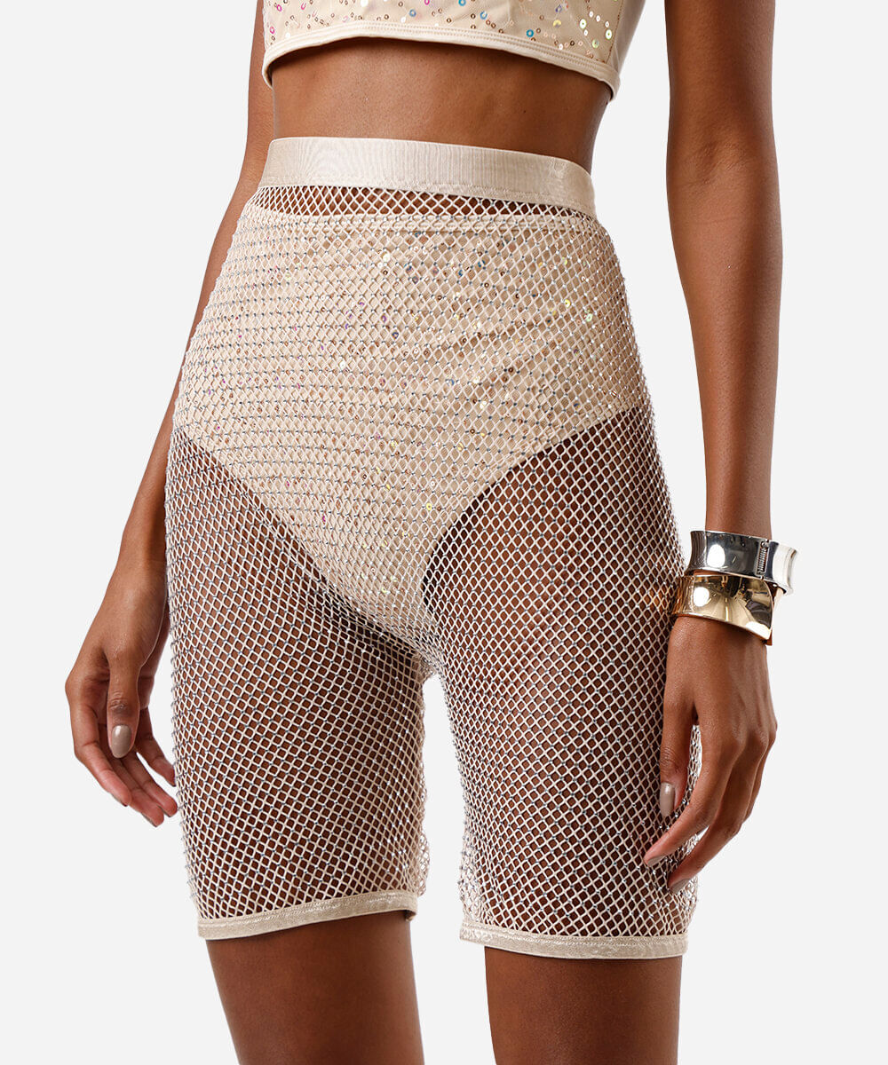 bermuda biker feminina de tela com brilhos bege