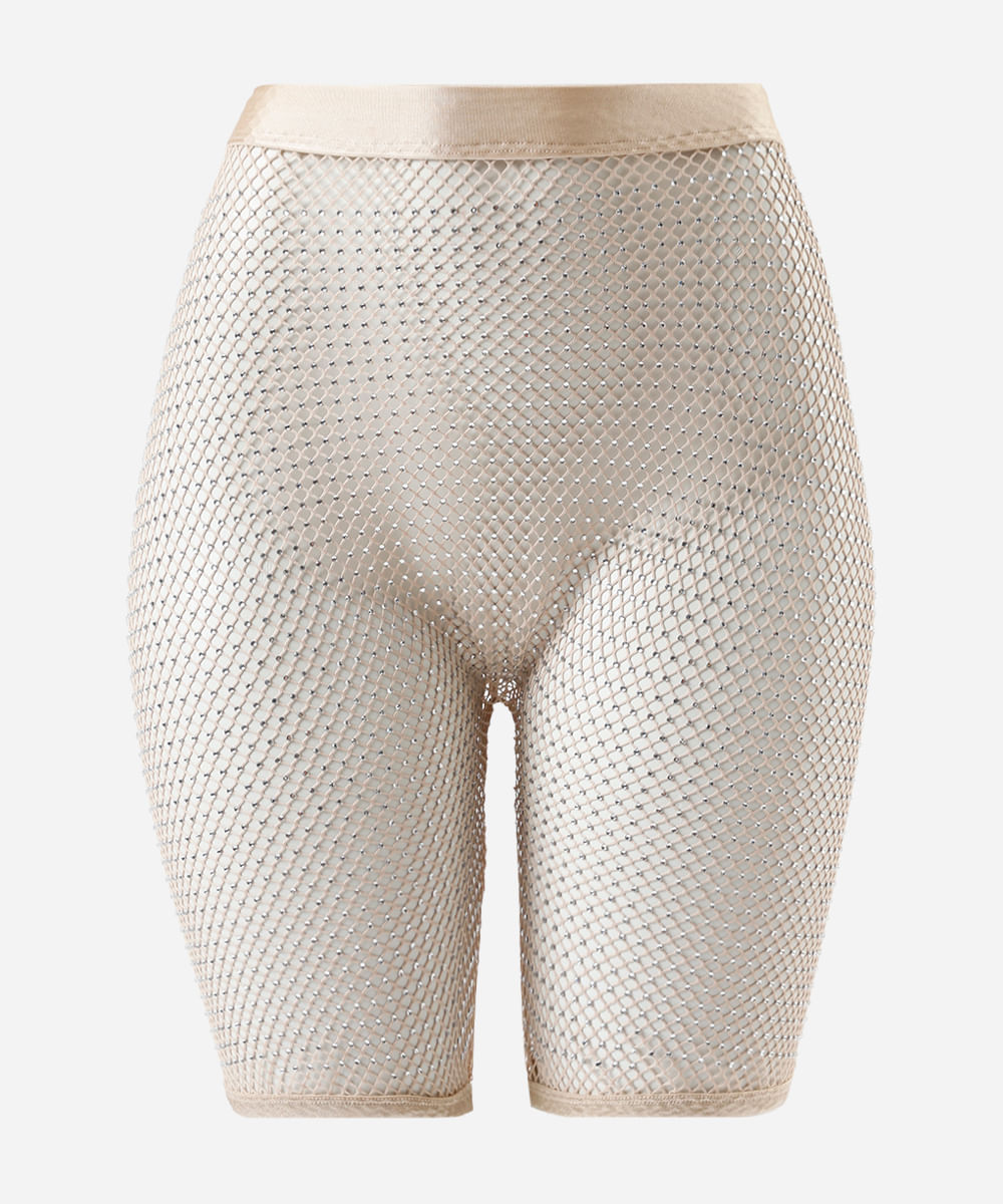 bermuda biker feminina de tela com brilhos bege
