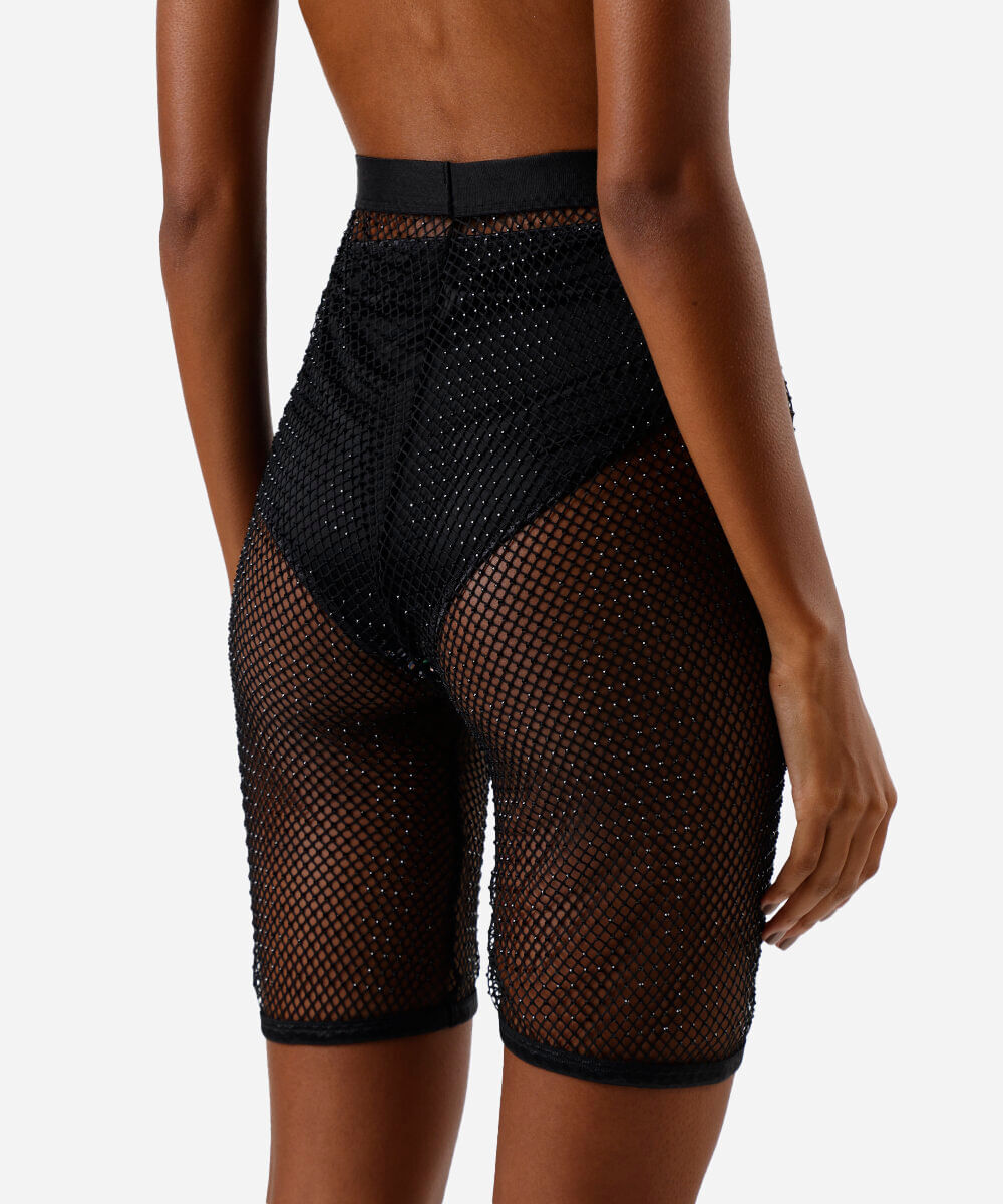 bermuda biker feminina de tela com brilhos preta