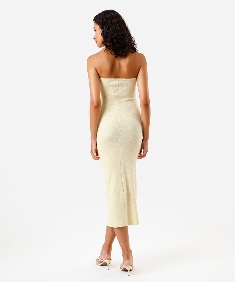vestido midi sem alça canelado feminino de algodão amarelo