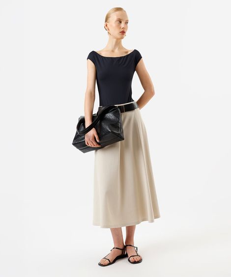 saia midi feminina de alfaiataria com pregas bege