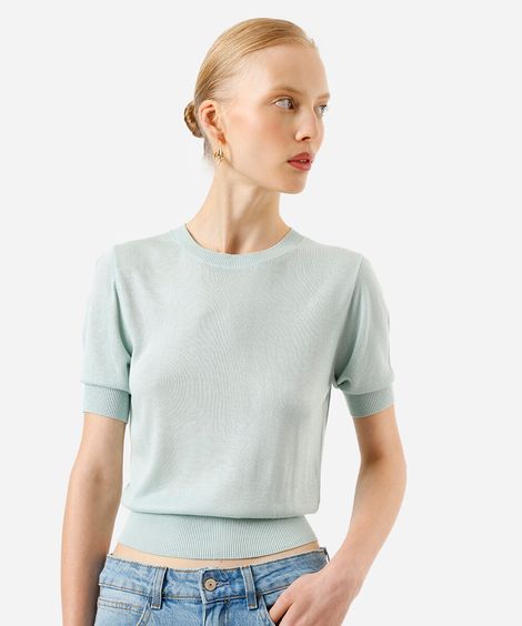 cropped feminino de tricot manga curta verde