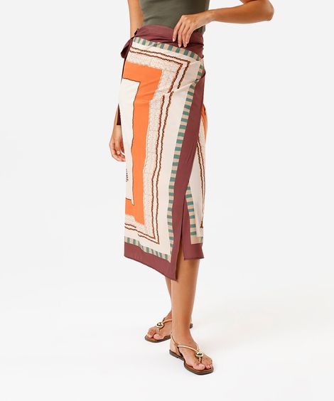 saia midi pareô feminina estampada marrom