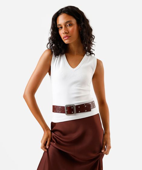 regata feminina cavada decote v off white